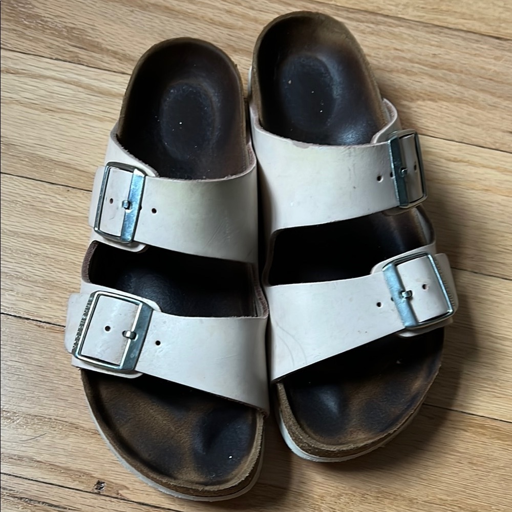 Light pink Birkenstock Double Strap Sandals with Silver Buckles